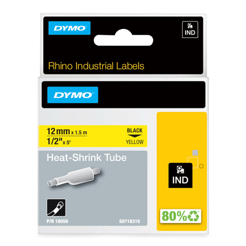 Dymo 18056 Rhino Heat Shrink Tubing 12mm Black on Yellow