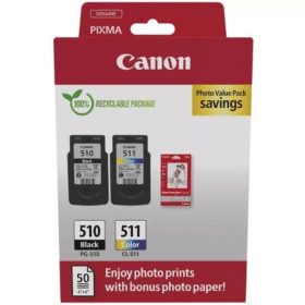 Canon PG-510/CL-511 Black & Colour Ink Cartridge Multipack with Photo Paper (2970B017)