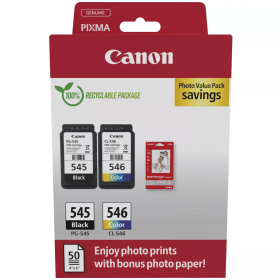 Canon PG-545/CL-546 Black & Tri-Colour Original Ink Cartridge Multipack (8287B008) + Photo Paper – 180 Pages Each