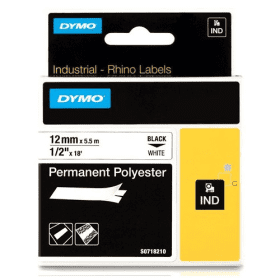 Dymo 18483 Rhino Permanent Polyester Label Tape 12mm x 5.5m Black on White (S0718210)