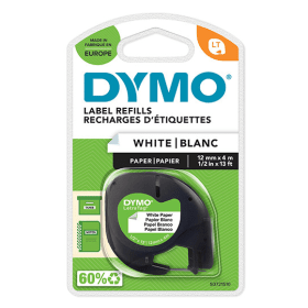 Dymo 91200 LetraTag Paper Tape 12mm x 4m Black on White (S0721510)
